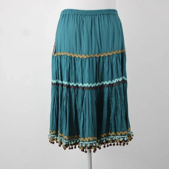 Double D Ranch Sz M Teal Blue Brown Multi Elastic Waist 100% Viscose Skirt